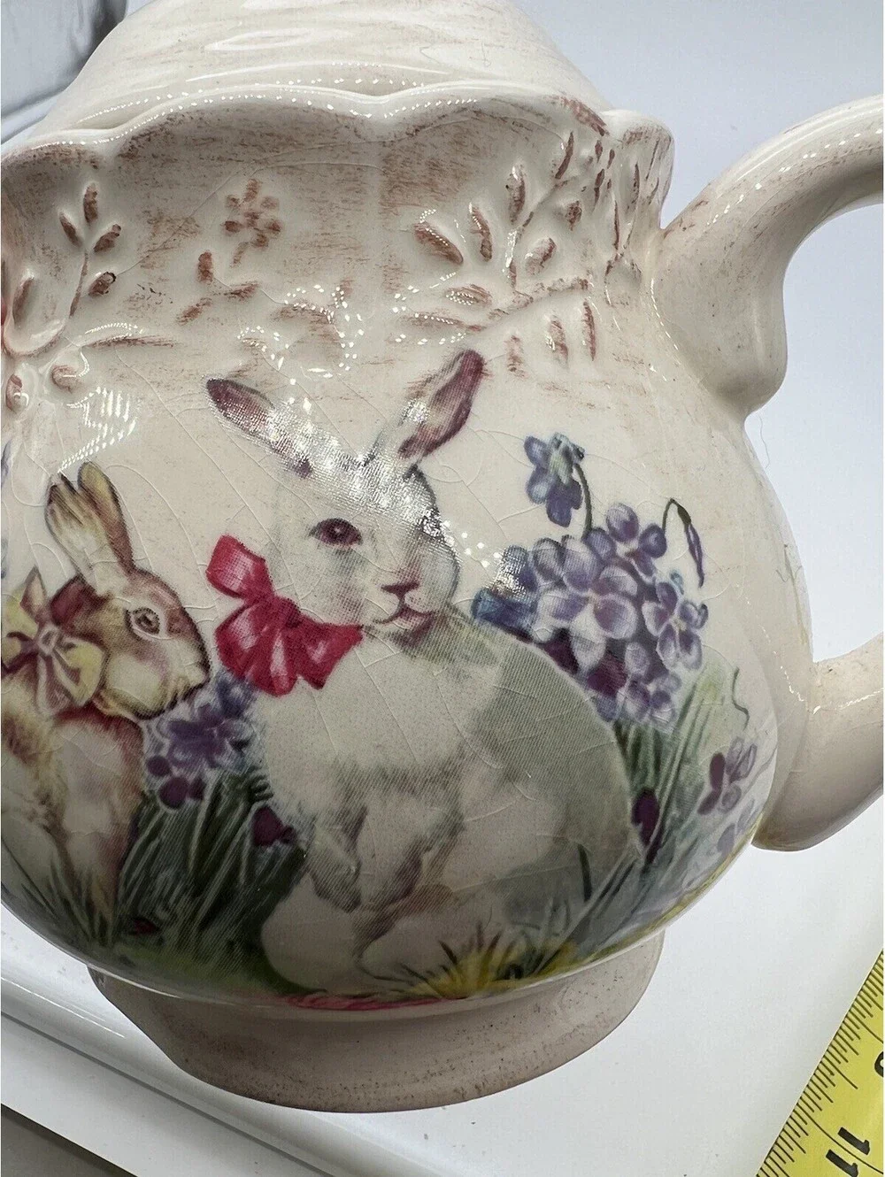 Easter Treasures Teapot by Cracker Barrel Bunny Rabbit Lilacs